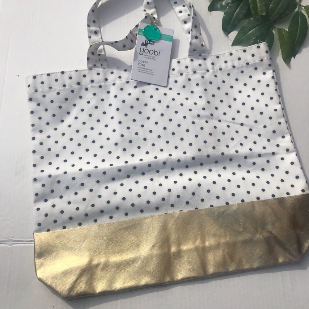 Yoobi Dotty Tote Gold Polka Dot Canvas Tote NWT